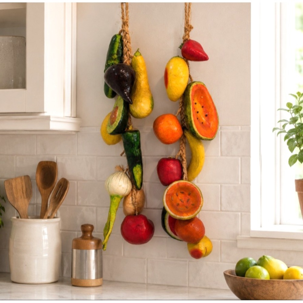 Mexican Paper Mache Fruit/Vegetable Garland Pair Hanging Kitchen Decor Folk Art